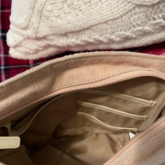 Shoulder Bag Beige&White Canvas trimmed in pearl-beads, silver reflecting trim - Picture 6 of 8